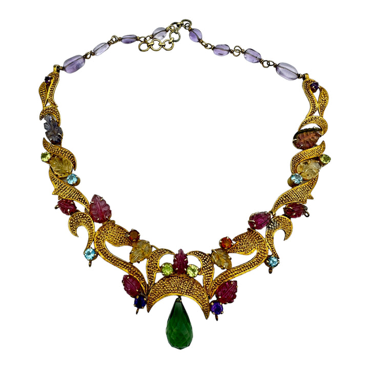 Egyptian Green Dangle Jeweled Leafing Gem Colored Necklace 24K Electroplated