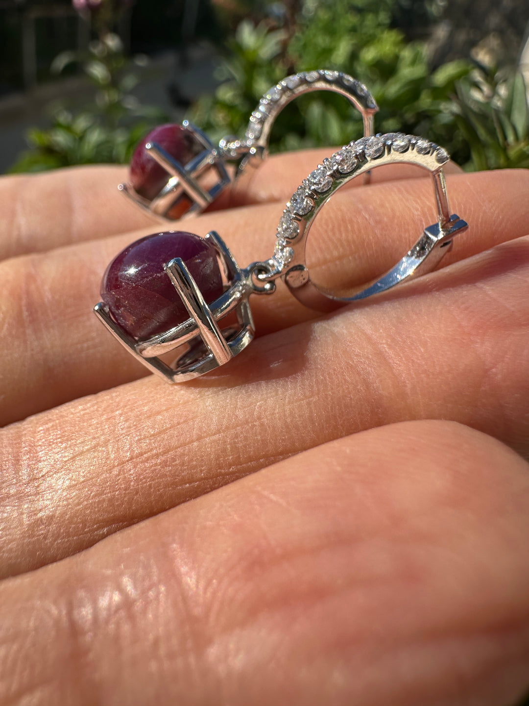 14kt 5cts Star Ruby, 1/3ct diamond hinge hoop earrings