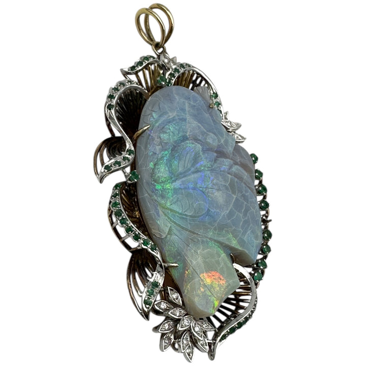 14Kt Black Opal Koi-Fish Carved 3-1/2” Emerald Pendant