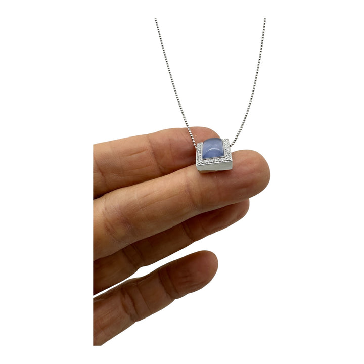 18 karat Chalcedony Gemstone and Diamond Halo Pendant With Chain