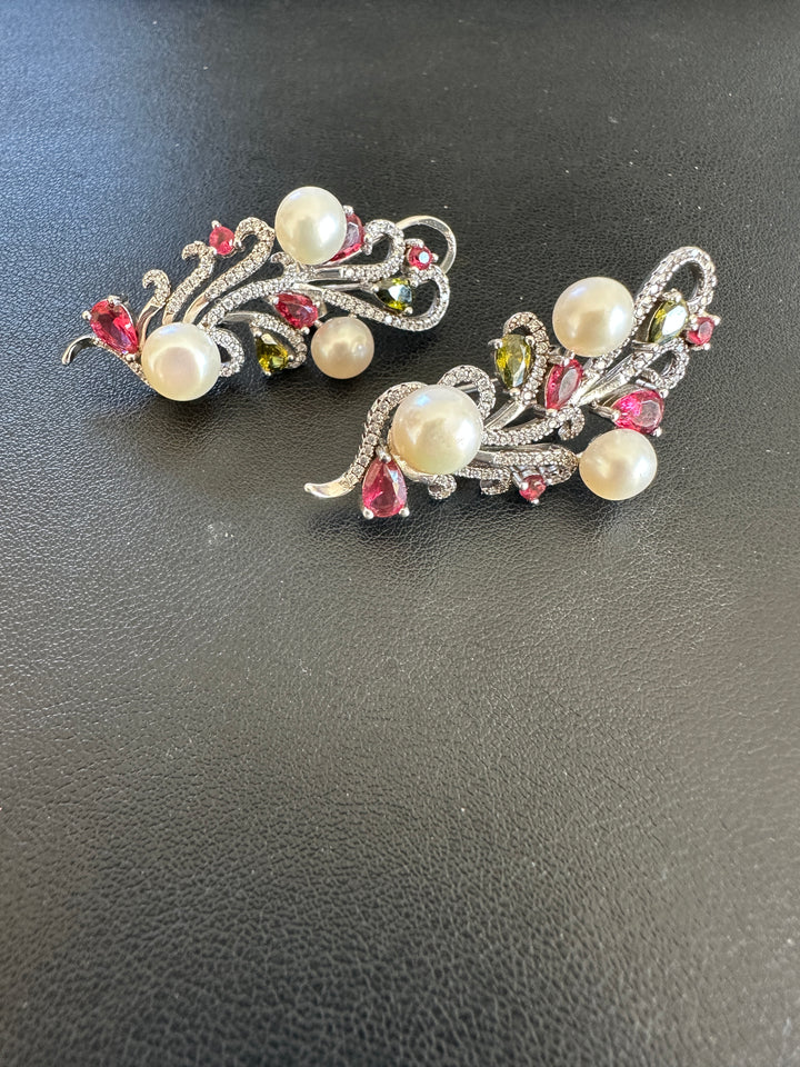 Sterling gemstone and pearl earrings, 1” length