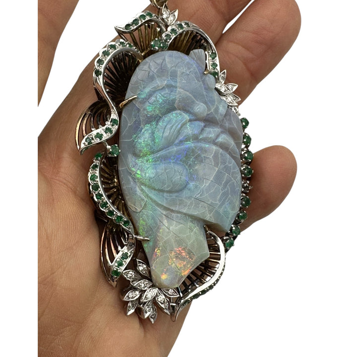 14Kt Black Opal Koi-Fish Carved 3-1/2” Emerald Pendant