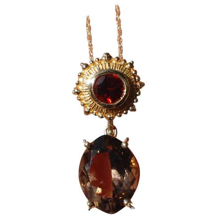 14Kt Smokey Topaz and Garnet Pendant Necklace