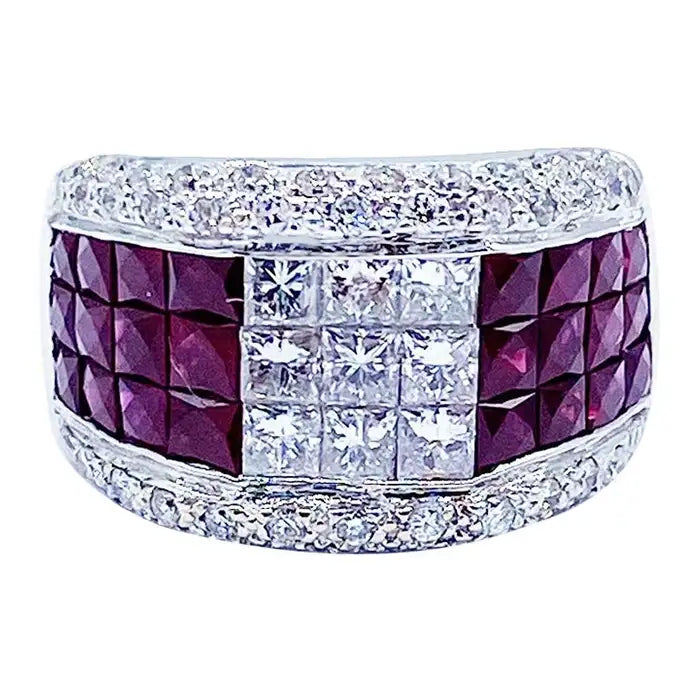 4.80 ctw Invisible Diamond and Burma Ruby Ring, 18 Kt White Gold