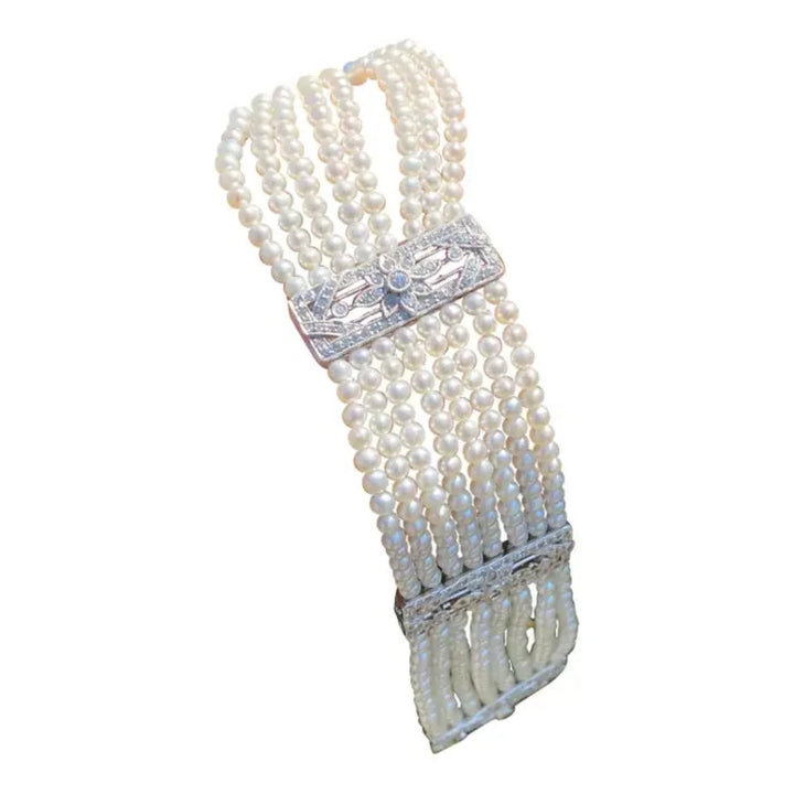 8 Strand Pearl and Diamond Bracelet Platinum AAA Quality VS F-G Color