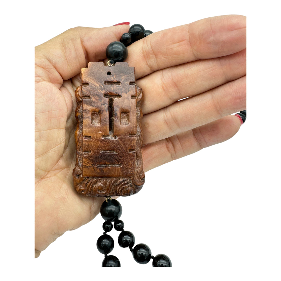 22" Carved Jade Chinese Emblem and Black Onyx Double Strand Necklace