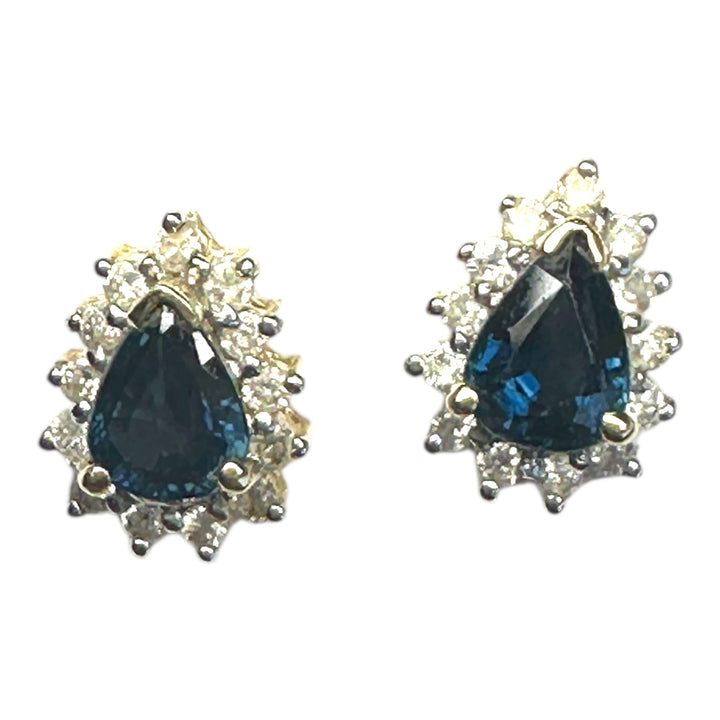 14 Karat .85 Carat Sapphire Pear-Shaped Halo Diamond Stud, Earrings