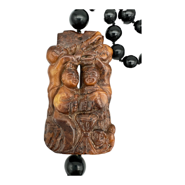 22" Carved Jade Chinese Emblem and Black Onyx Double Strand Necklace