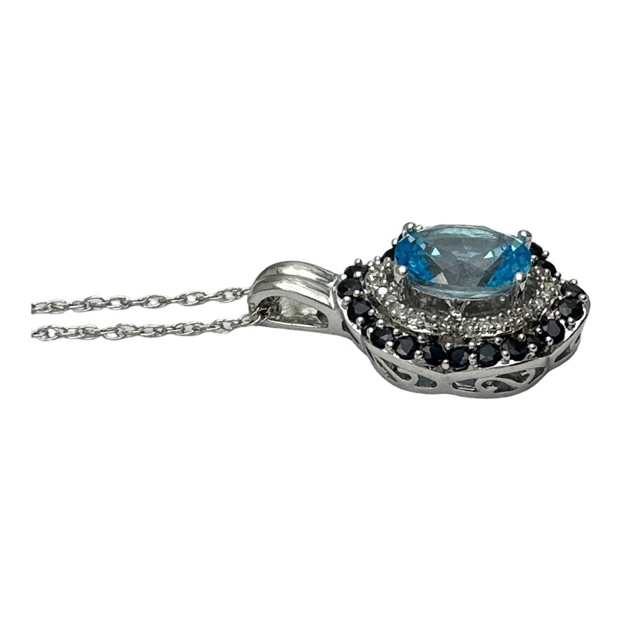 14kt White Gold Diamond, Swiss Blue Topaz and Sapphire Pendant 2CTW