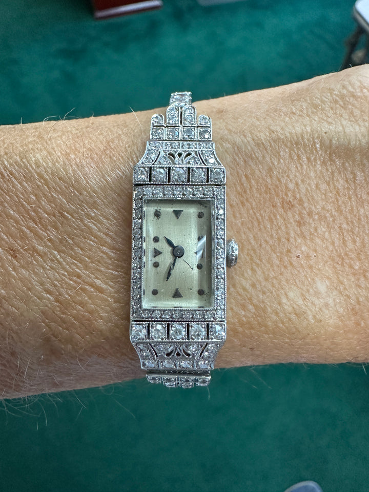 Art Deco Platinum 3.50Ct Diamond Watch VS-F 18-Jewel Manual Wind