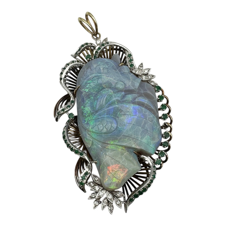 14Kt Black Opal Koi-Fish Carved 3-1/2” Emerald Pendant