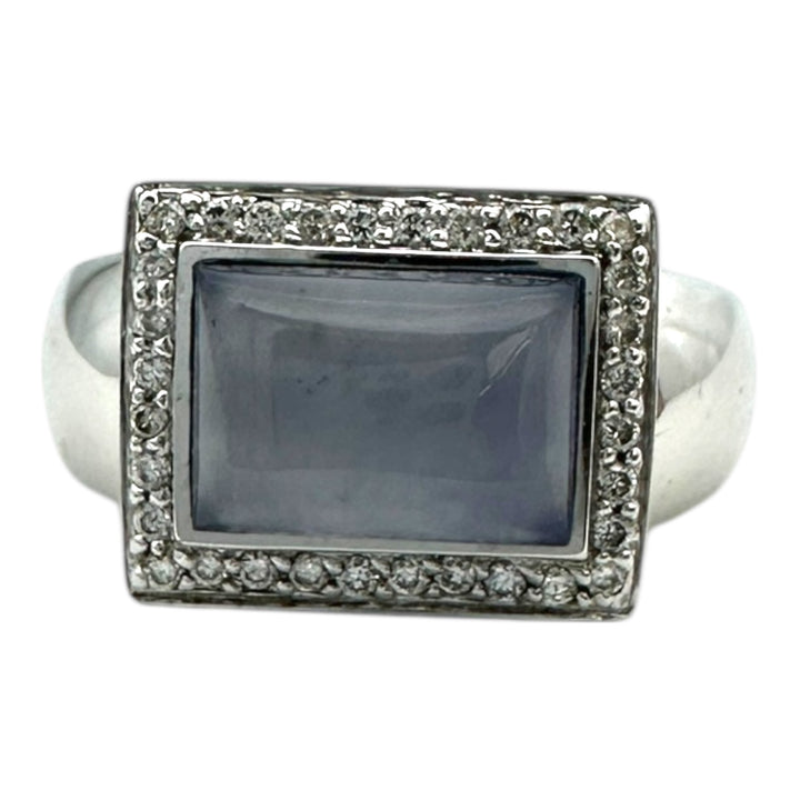 18 karat Chalcedony Cabochon and Diamond Halo Ring