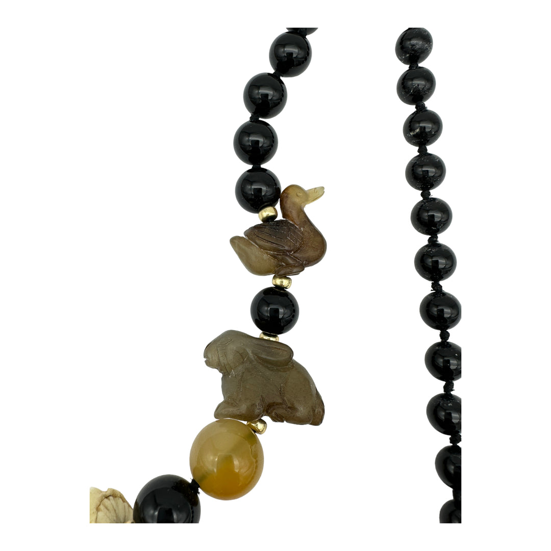 34" Jade Carved Peacock & Animals Bead Necklace