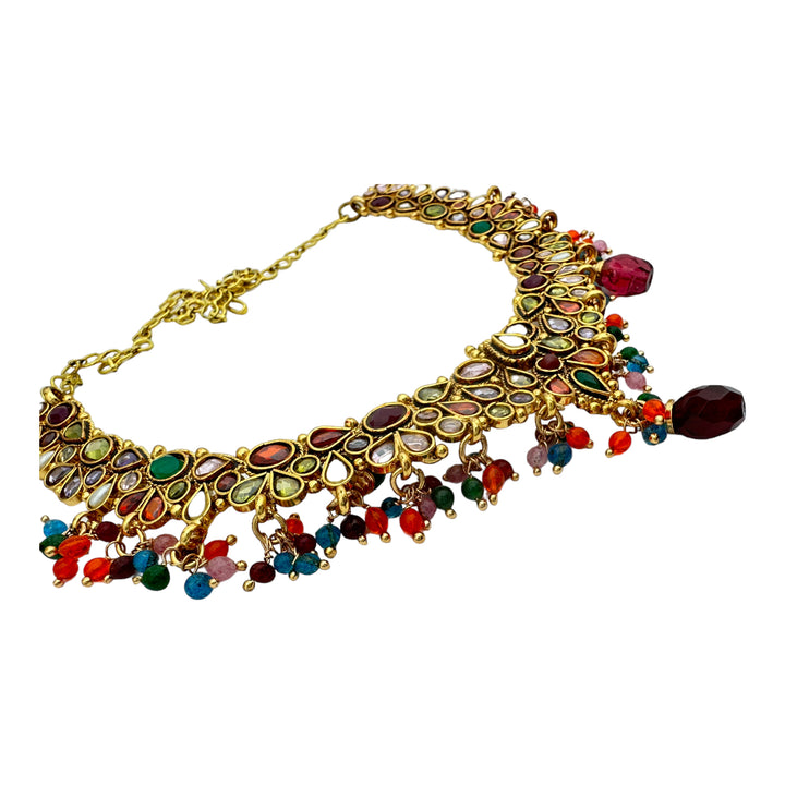 Egyptian Red Dangle, Jeweled Gem Necklace 24kt Yellow Gold Overlay