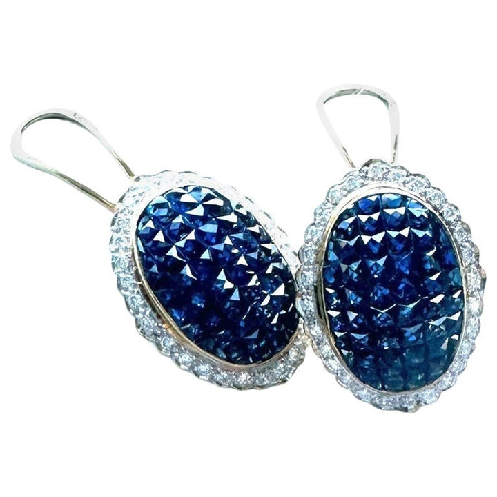 18KT Blue Sapphire and Diamond Invisible Style Earrings