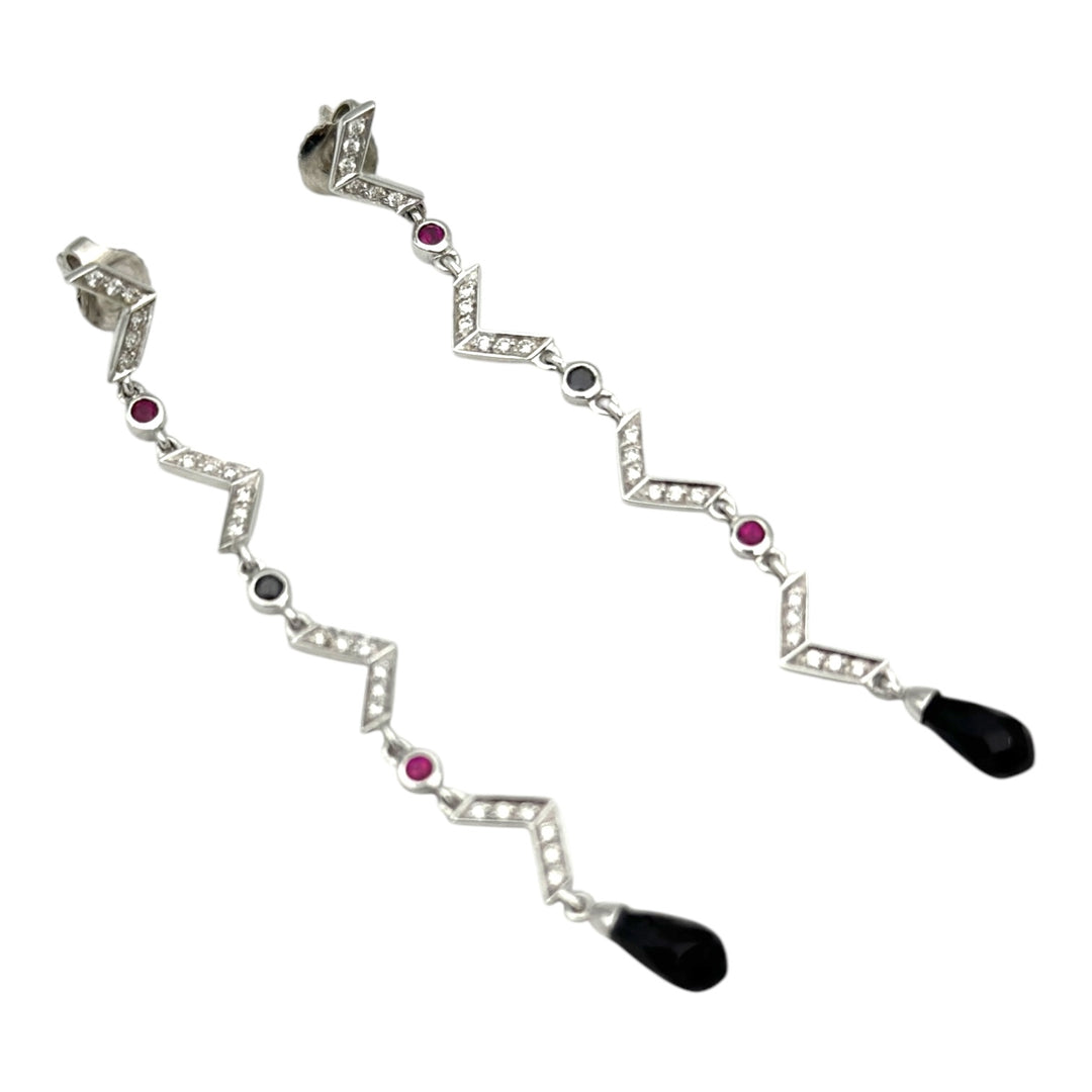 18kt Art Deco Diamond Ruby-Sapphire Earrings, 2-1/2" Length