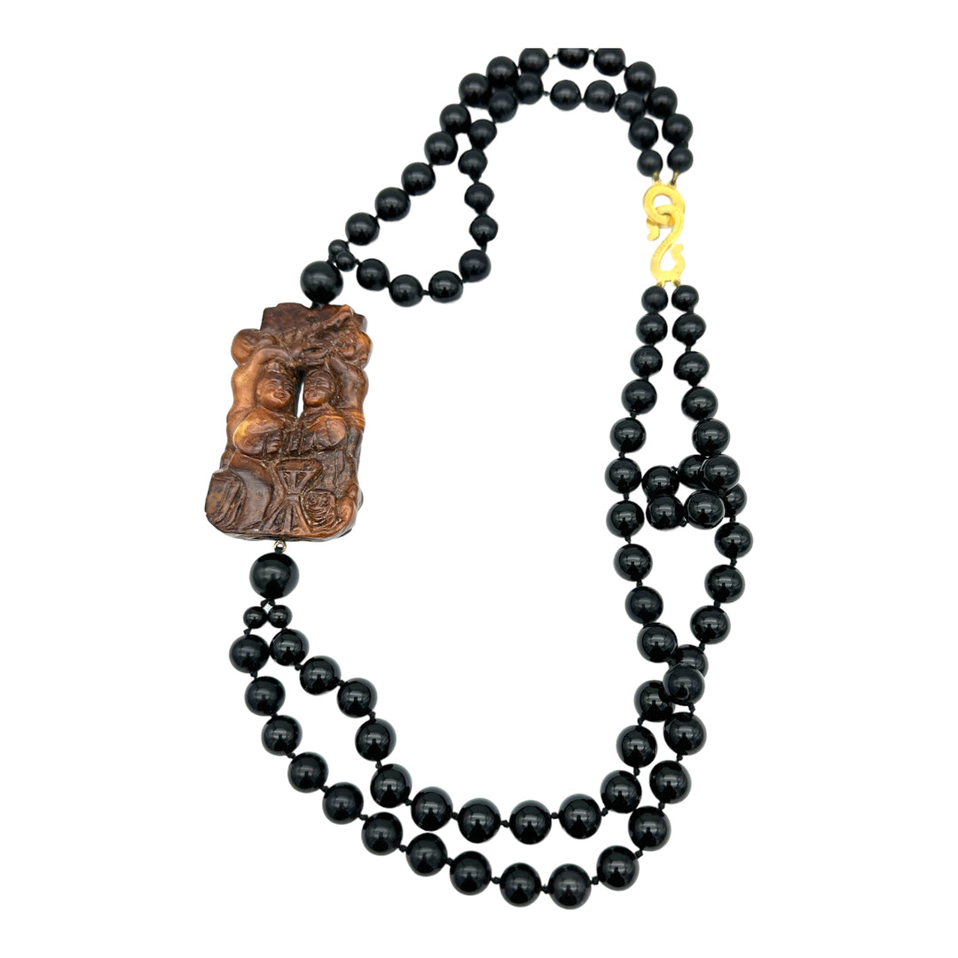 22" Carved Jade Chinese Emblem and Black Onyx Double Strand Necklace