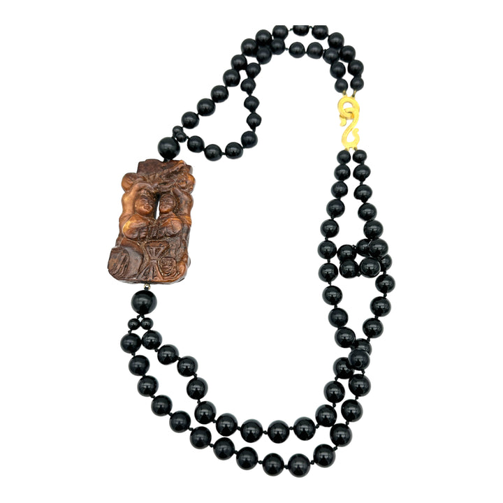 22" Carved Jade Chinese Emblem and Black Onyx Double Strand Necklace