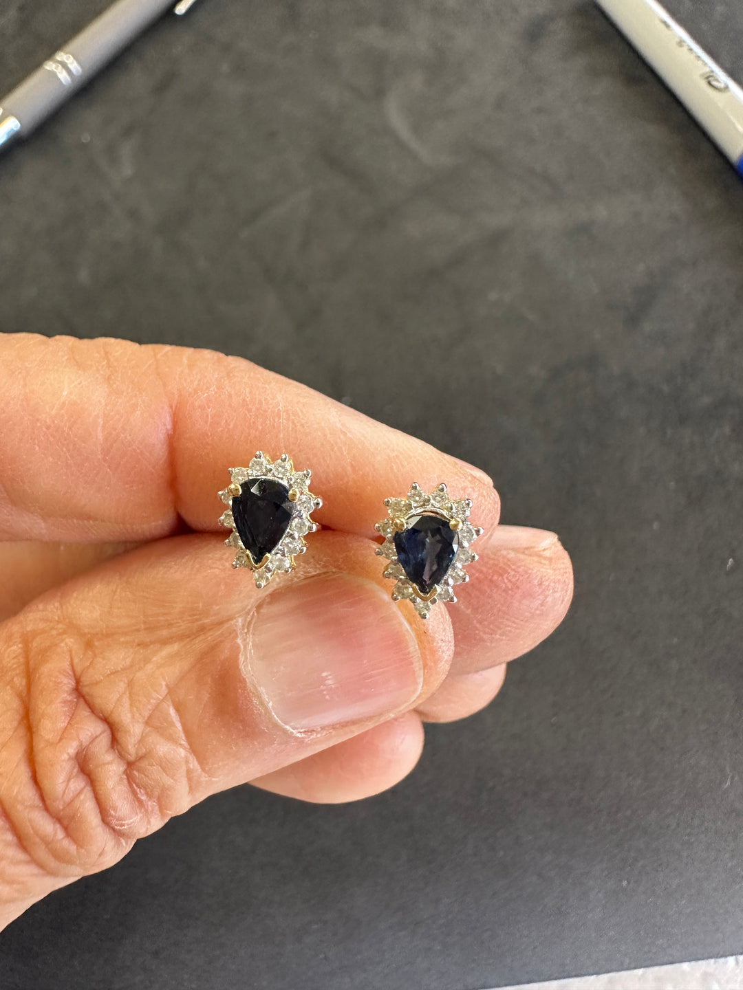 14 Karat .85 Carat Sapphire Pear-Shaped Halo Diamond Stud, Earrings