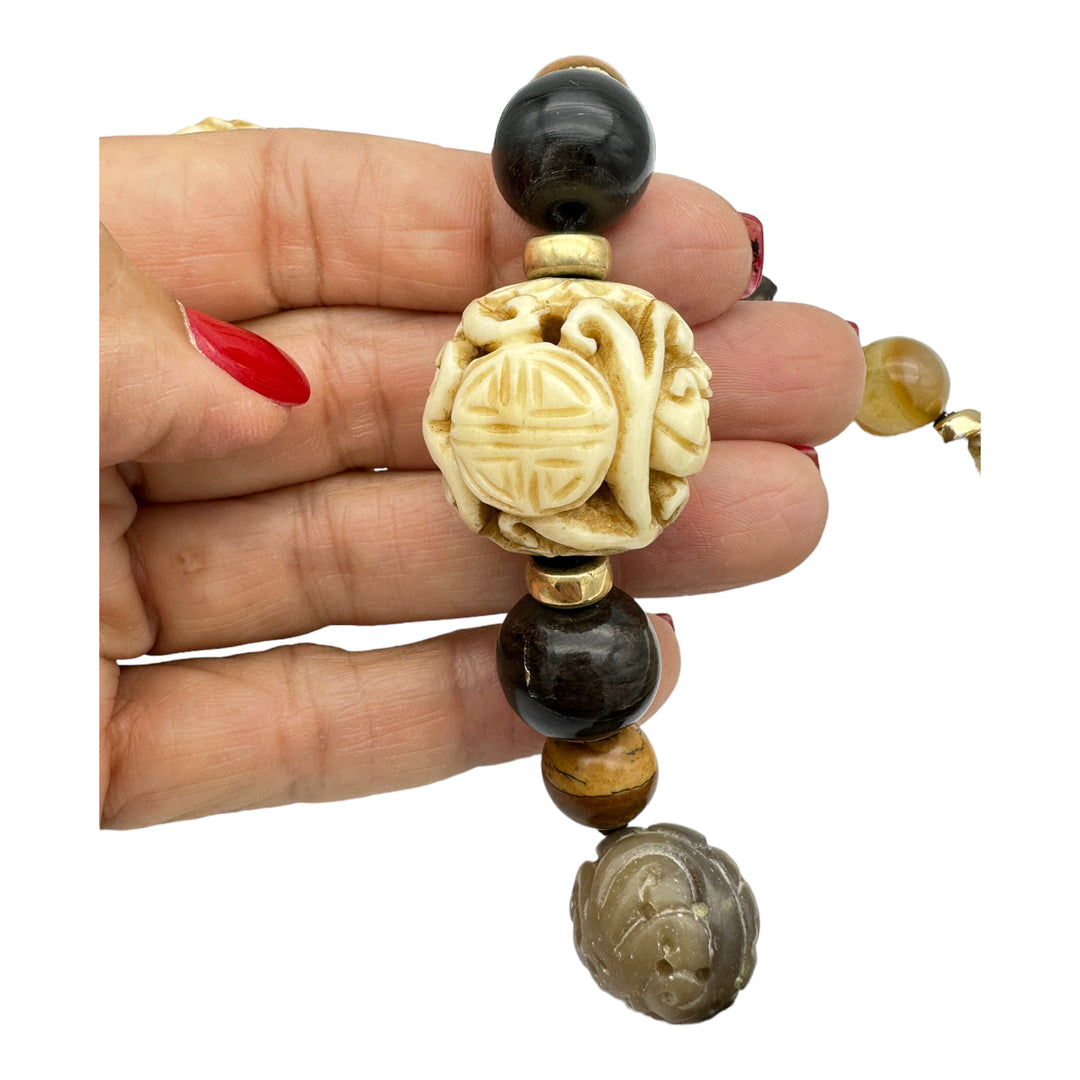 34" Jade Carved Peacock & Animals Bead Necklace