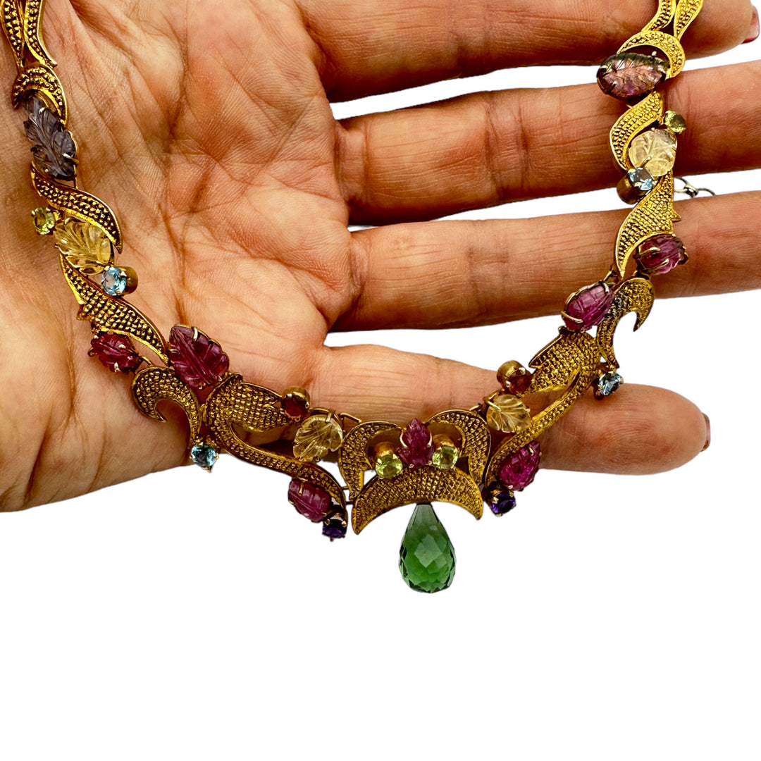 Egyptian Green Dangle Jeweled Leafing Gem Colored Necklace 24K Electroplated