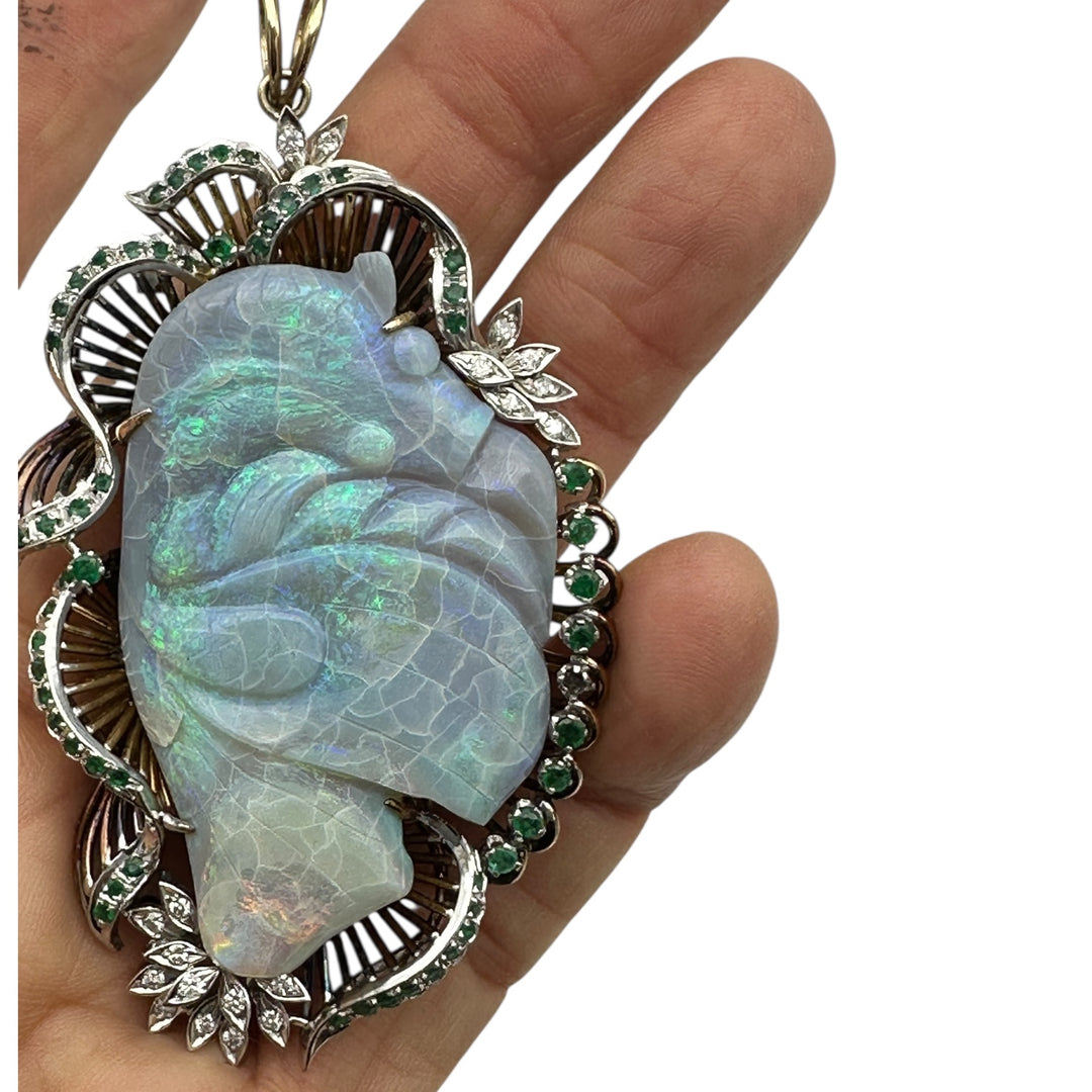 14Kt Black Opal Koi-Fish Carved 3-1/2” Emerald Pendant