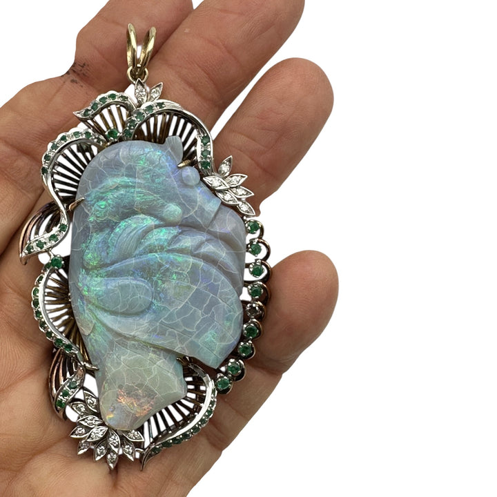 14Kt Black Opal Koi-Fish Carved 3-1/2” Emerald Pendant