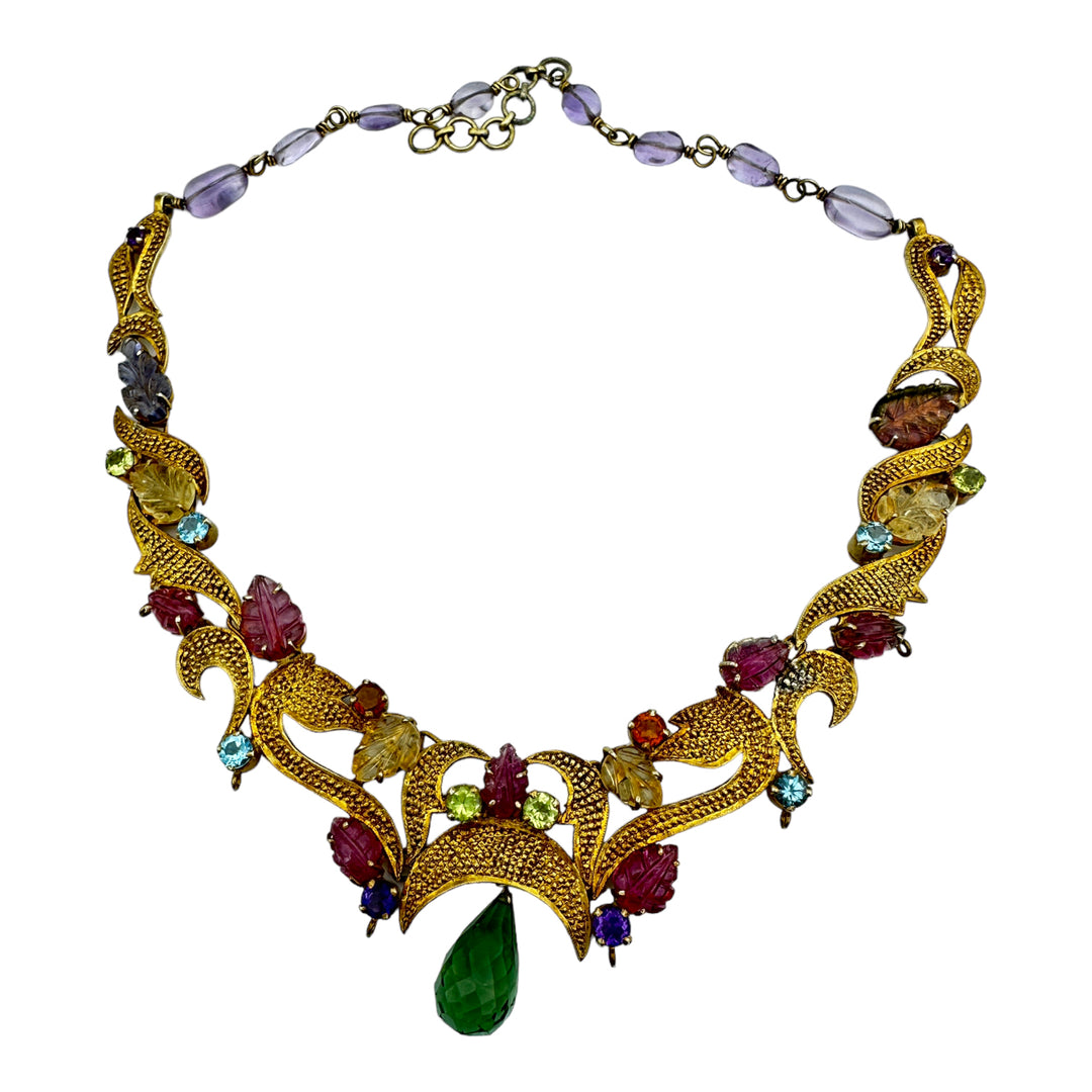Egyptian Green Dangle Jeweled Leafing Gem Colored Necklace 24K Electroplated