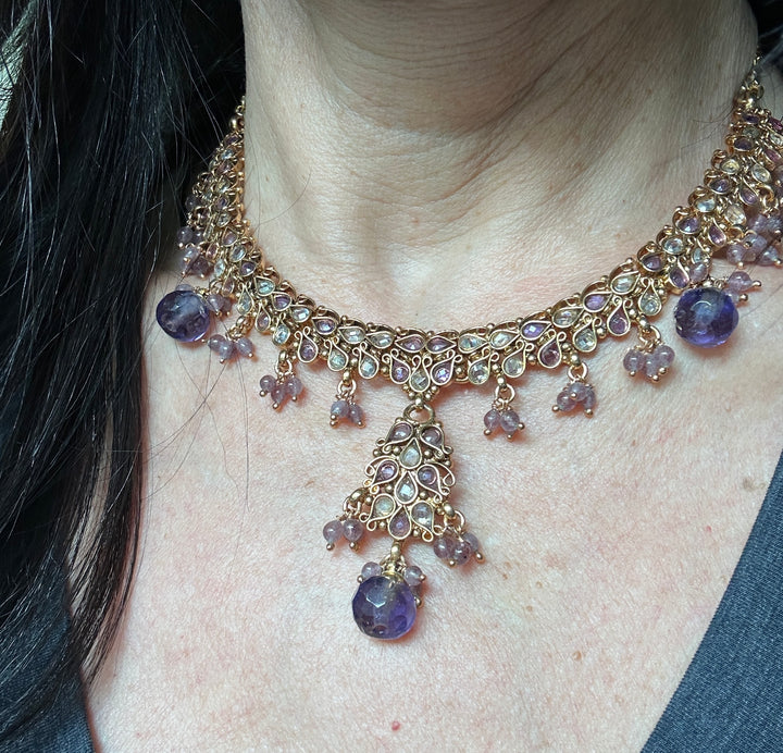 Egyptian Lavender Jeweled Gem Colored Necklace 24kt Electroplated