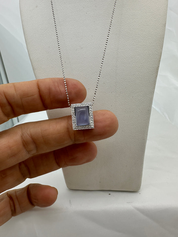 18 karat Chalcedony Gemstone and Diamond Halo Pendant With Chain