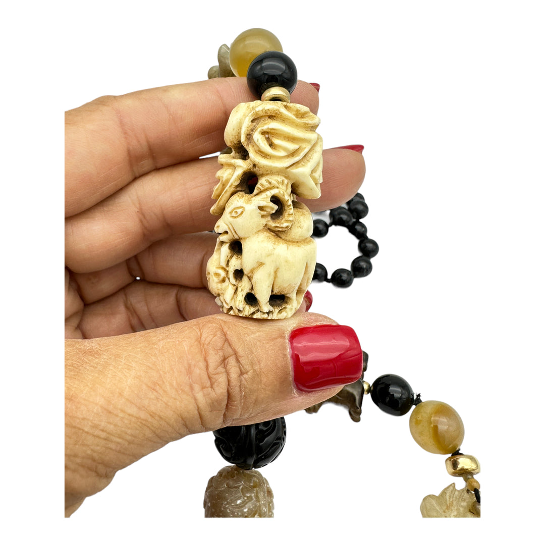 34" Jade Carved Peacock & Animals Bead Necklace