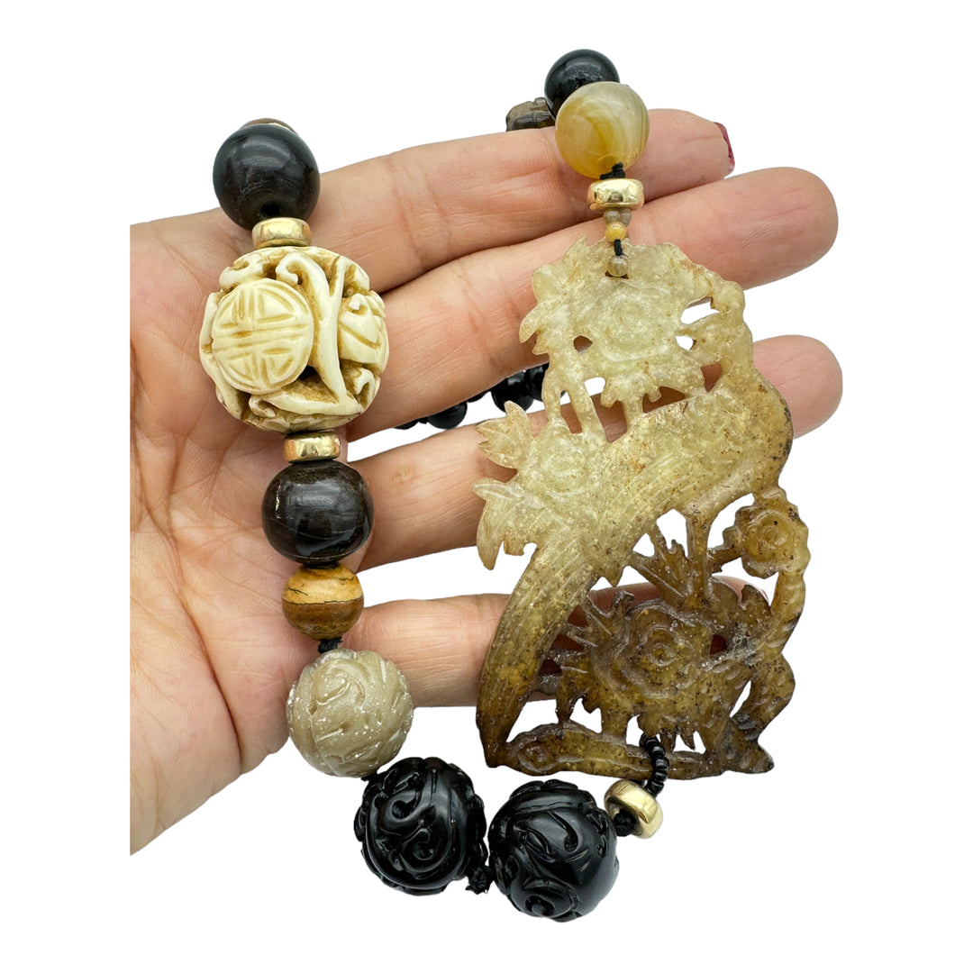 34" Jade Carved Peacock & Animals Bead Necklace