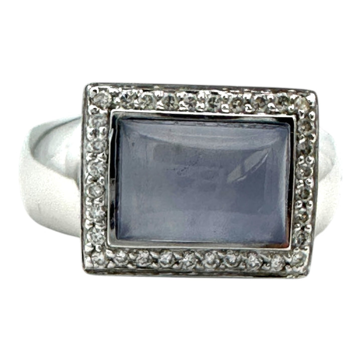 18 karat Chalcedony Cabochon and Diamond Halo Ring
