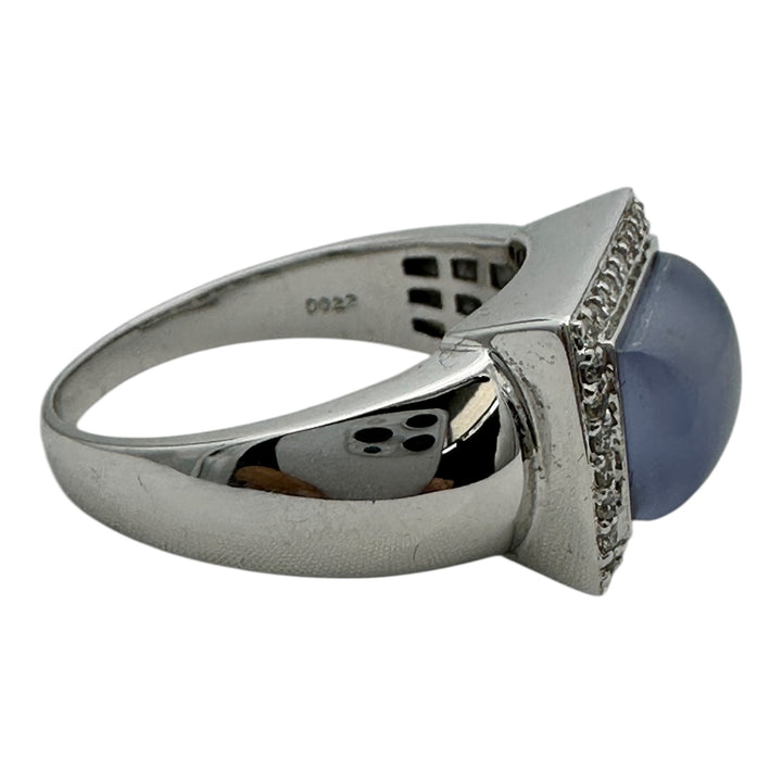 18 karat Chalcedony Cabochon and Diamond Halo Ring