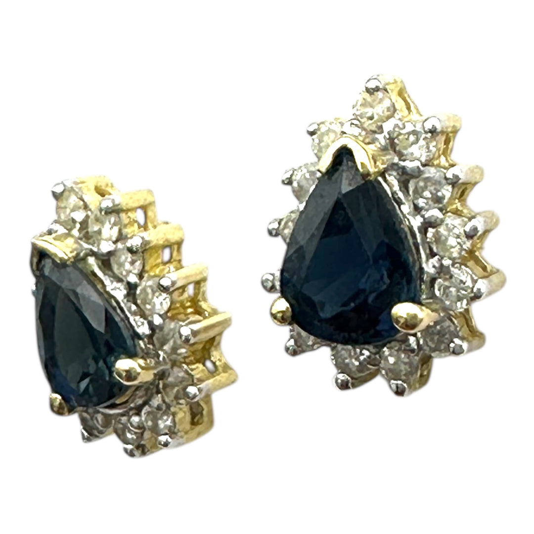 14 Karat .85 Carat Sapphire Pear-Shaped Halo Diamond Stud, Earrings