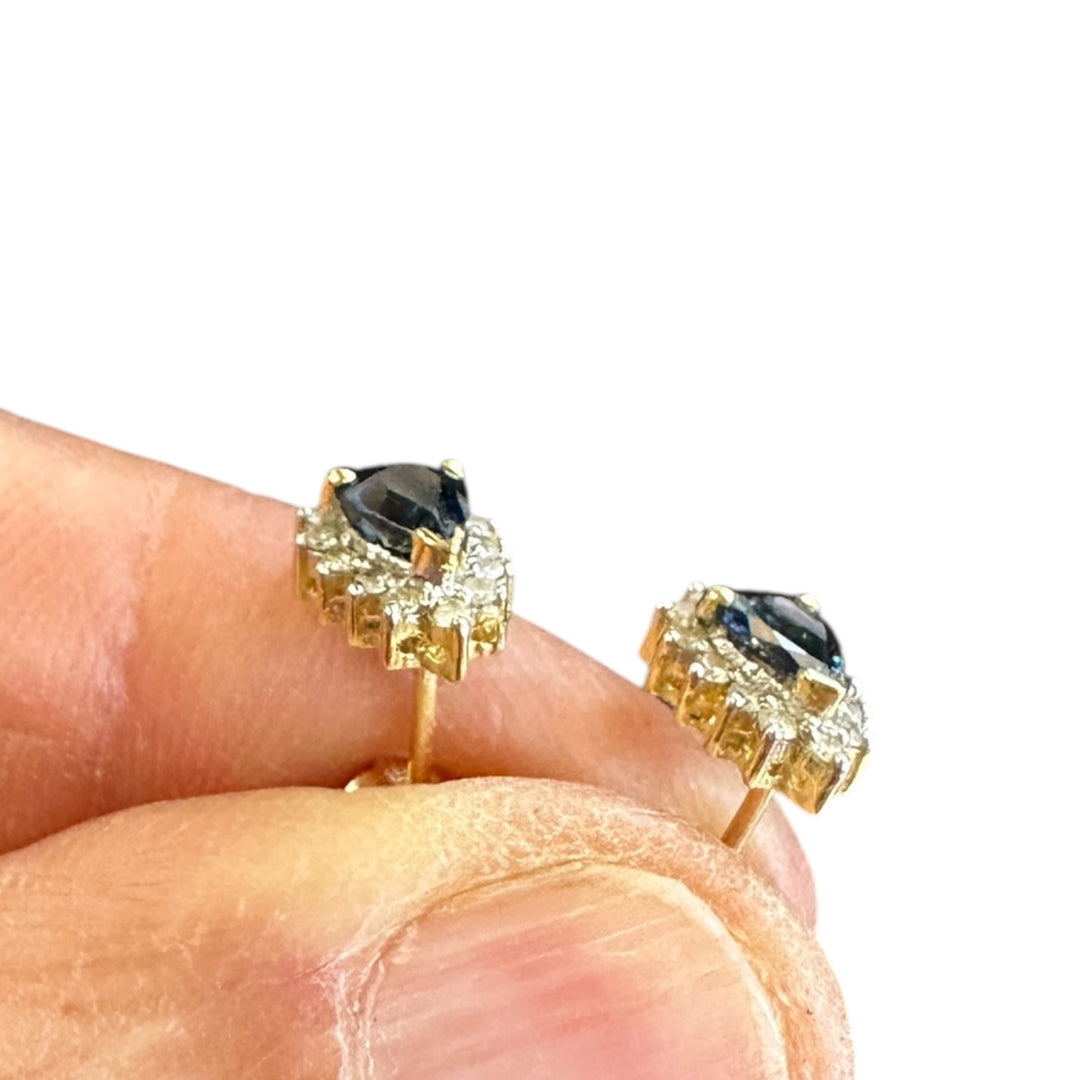14 Karat .85 Carat Sapphire Pear-Shaped Halo Diamond Stud, Earrings