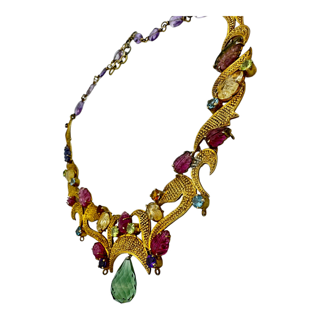 Egyptian Green Dangle Jeweled Leafing Gem Colored Necklace 24K Electroplated