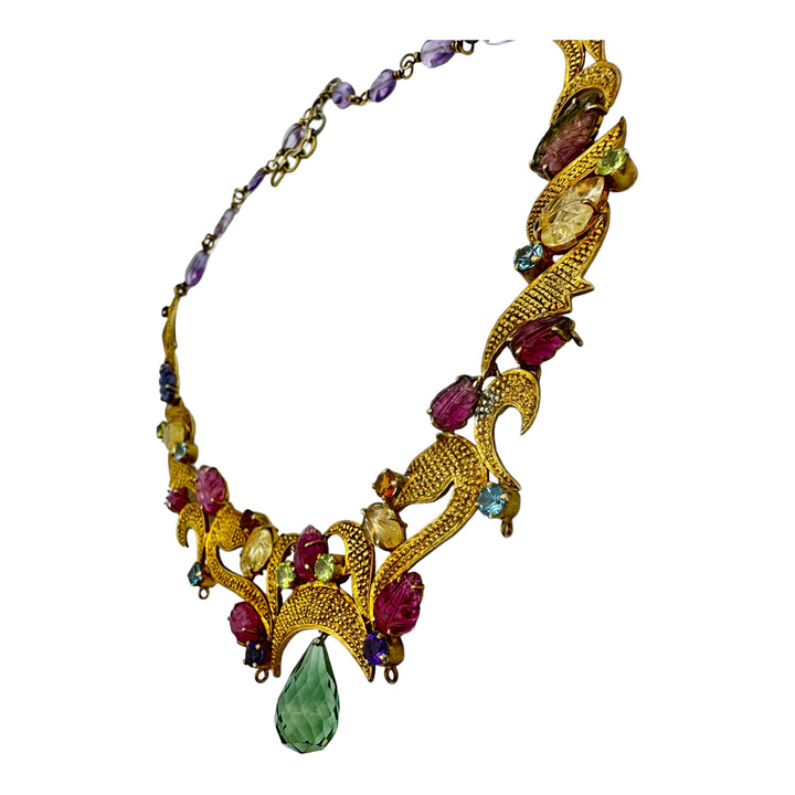 Egyptian Green Dangle Jeweled Leafing Gem Colored Necklace 24K Electroplated