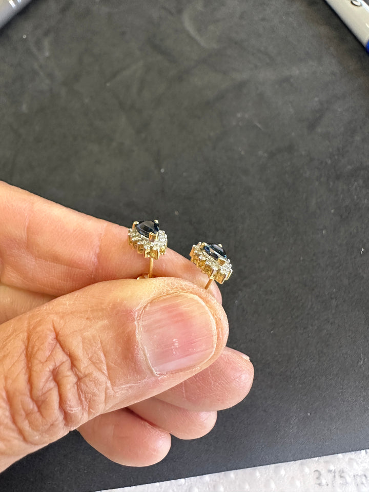 14 Karat .85 Carat Sapphire Pear-Shaped Halo Diamond Stud, Earrings