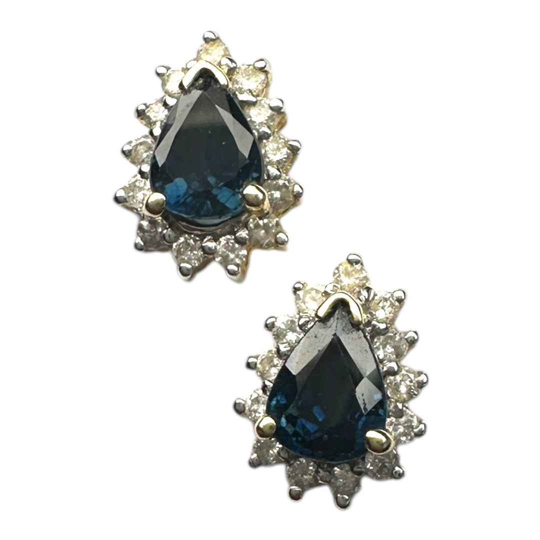 14 Karat .85 Carat Sapphire Pear-Shaped Halo Diamond Stud, Earrings