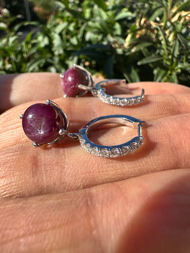 14kt 5cts Star Ruby, 1/3ct diamond hinge hoop earrings