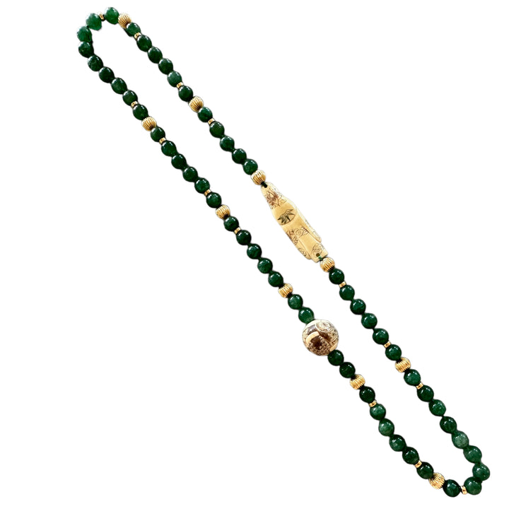 14Kt Netsuke Carved Chinese Figurine Aventurine Beads Necklace 34"