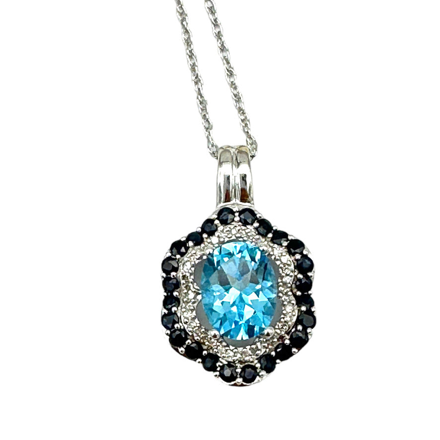 14kt White Gold Diamond, Swiss Blue Topaz and Sapphire Pendant 2CTW