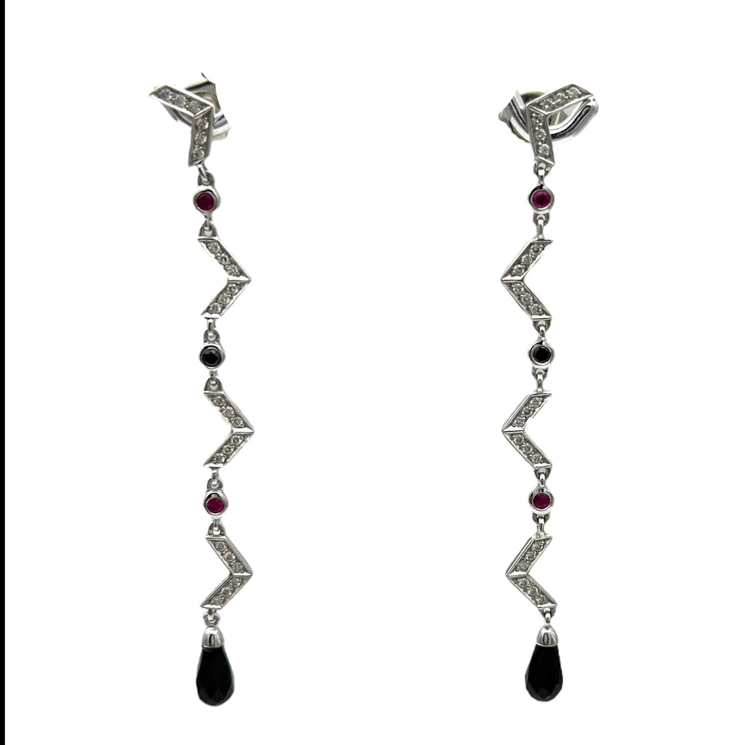 18kt Art Deco Diamond Ruby-Sapphire Earrings, 2-1/2" Length