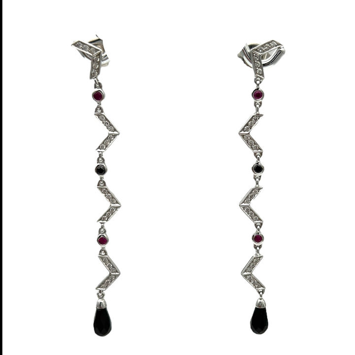18kt Art Deco Diamond Ruby-Sapphire Earrings, 2-1/2" Length