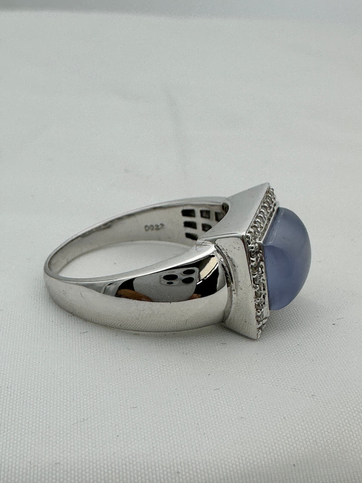 18 karat Chalcedony Cabochon and Diamond Halo Ring