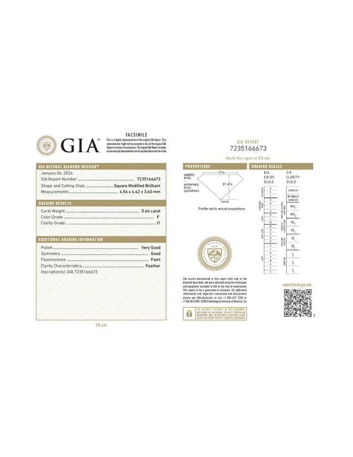 14K Engagement Diamond Ring GIA Certified .64 Carat Princess F Color