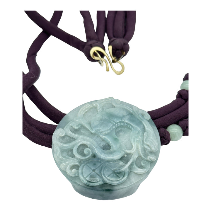 Carved Green Jade Disk on Bead Purple Cord 24" Necklace