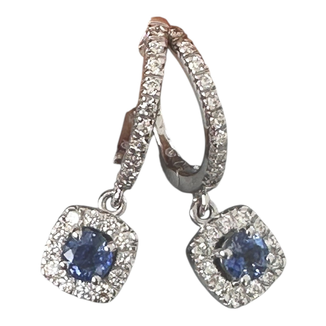 14 karat 2.00 carat sapphire, and diamond halo huggy earrings