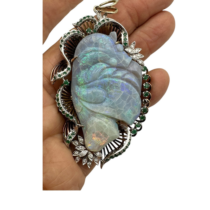 14Kt Black Opal Koi-Fish Carved 3-1/2” Emerald Pendant